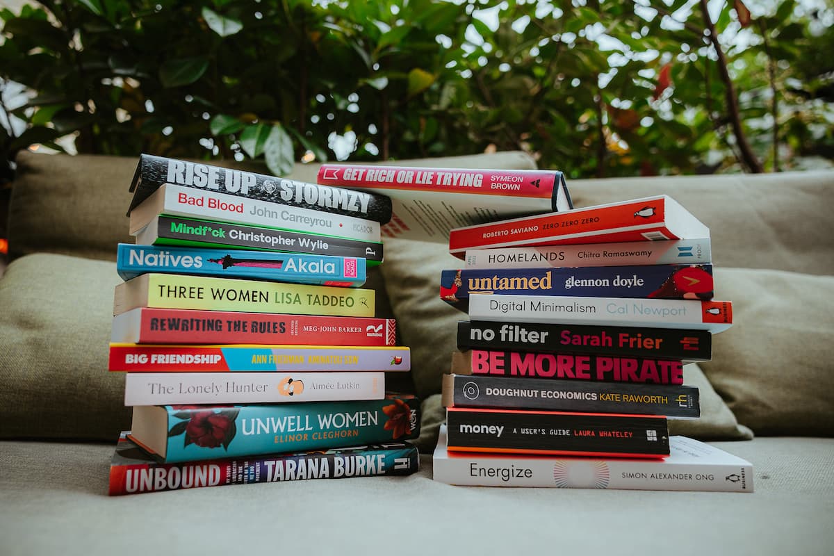 Two stacks of Rebel Book Club books